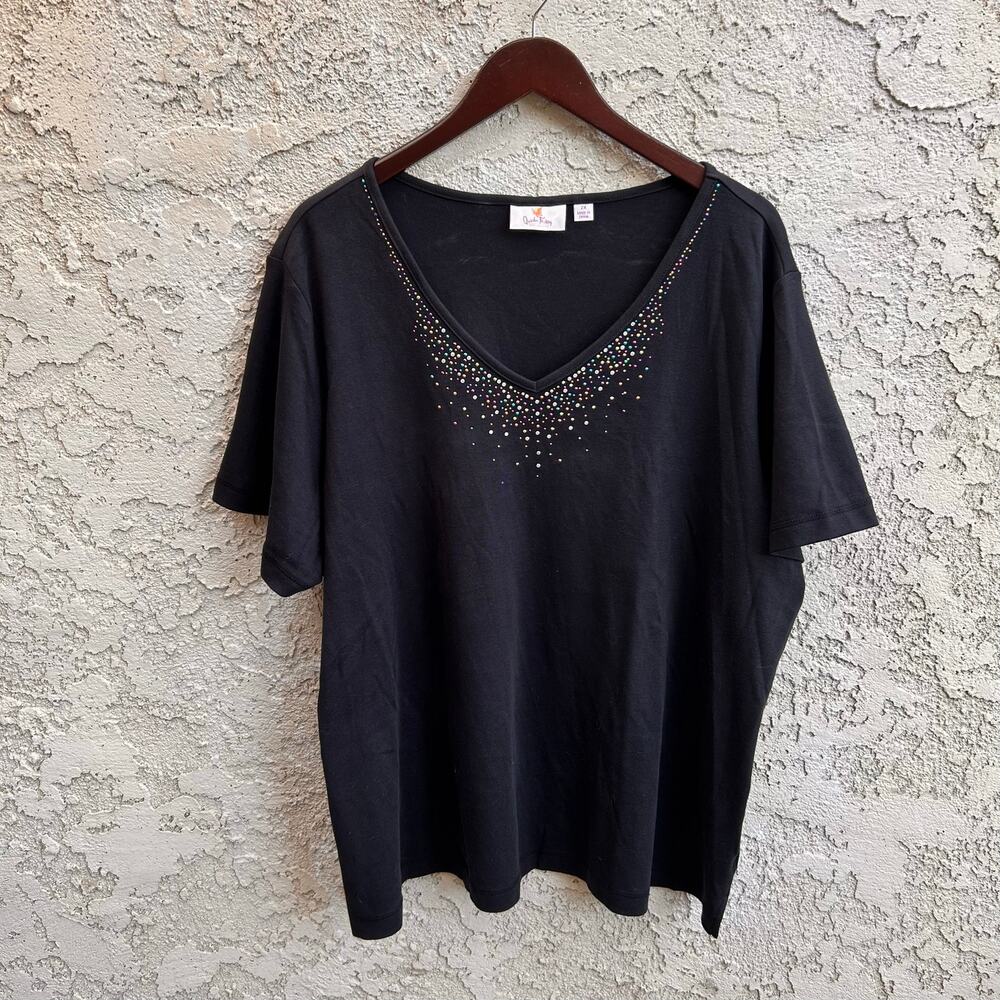 Quacker Factory Black Colorful Rhinestone V-Neck Tee 2X